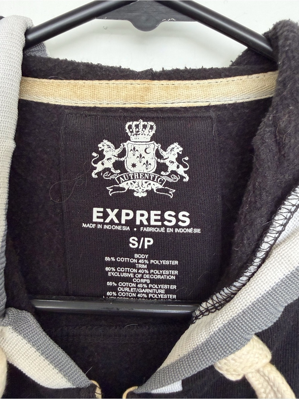 Express Men’s Black Zip-Up Hooded Sweater with Cream Drawstrings